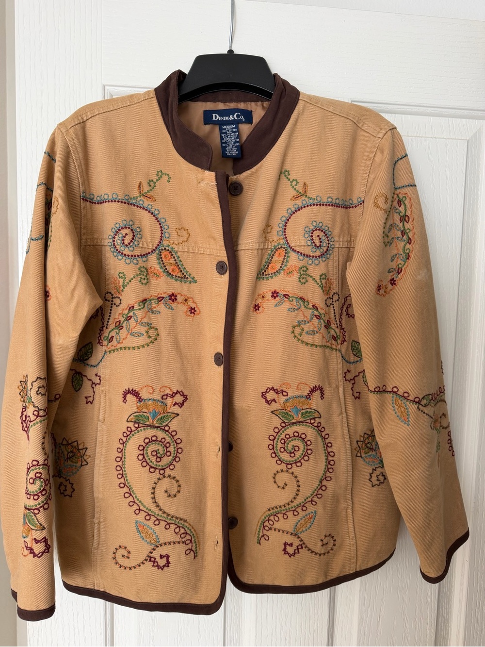 Denim&Co Tan Embroidered Paisley Jacket with Brown Trim